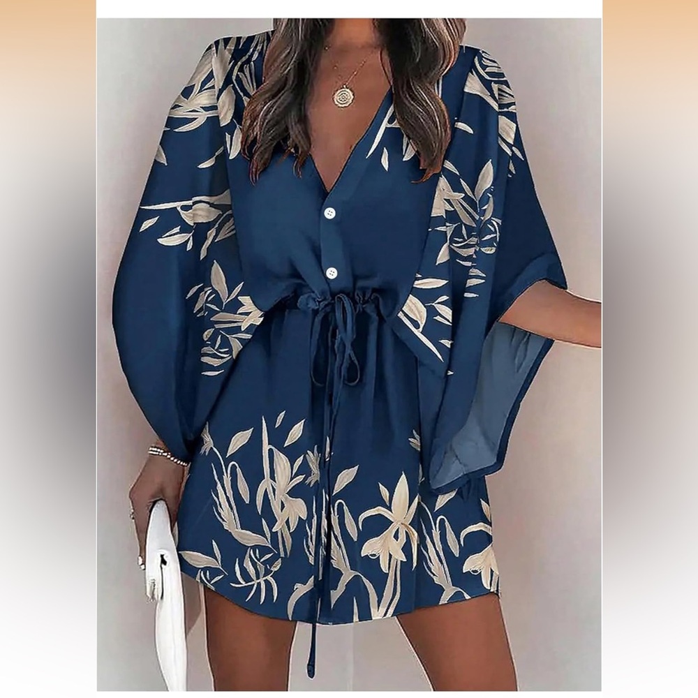Navy and Beige Floral Kimono Dress - Picture 2 of 5
